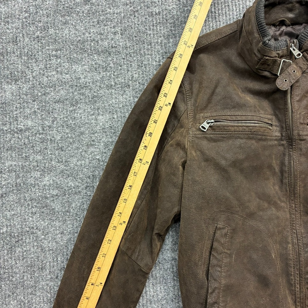 Levis Mens Small Brown Leather Moto Jacket Cafe Racer Distressed Full Zip - Picture 7 of 9